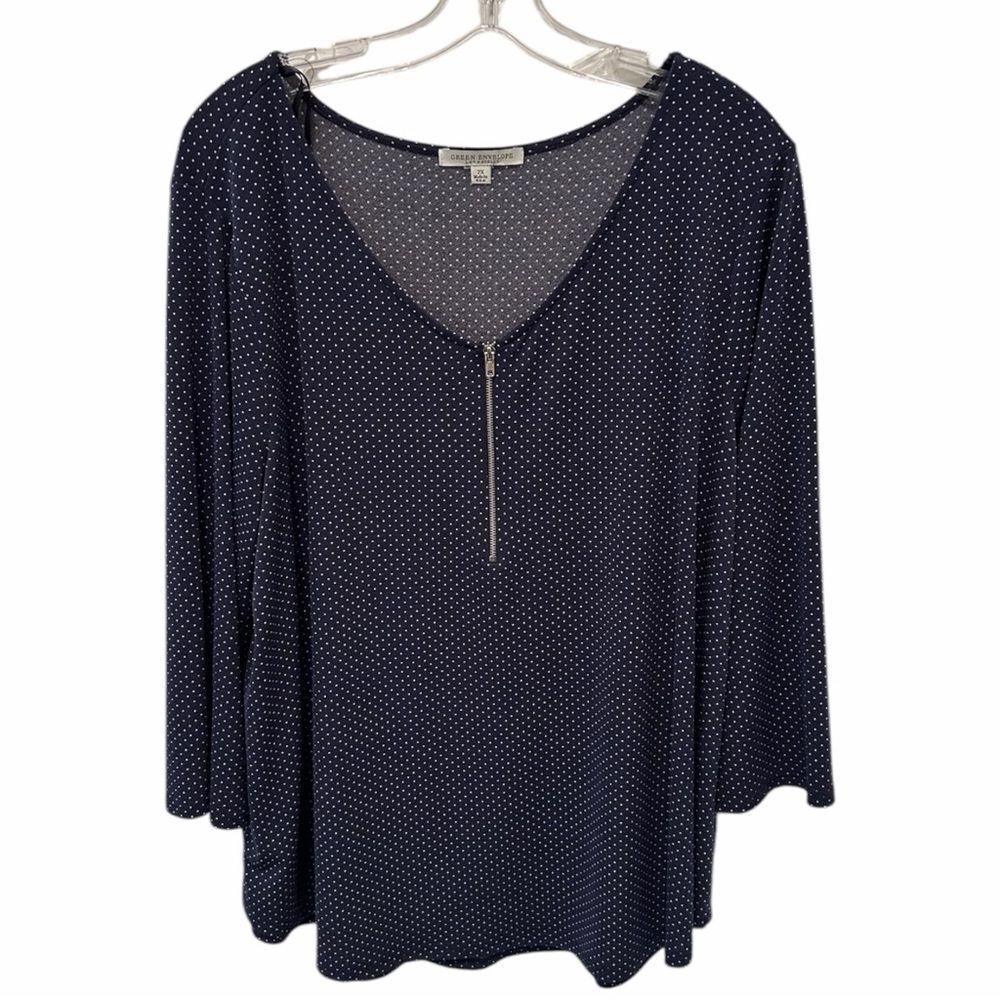 Green Envelope Navy and White Dotted Long Sleeve Top